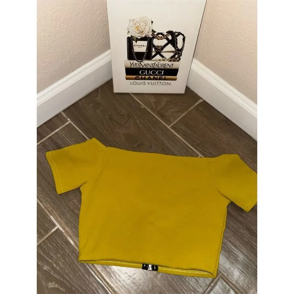 Misguided Yellow Crop top Size 6 Short Sleeve Round Neck Top with full back zip